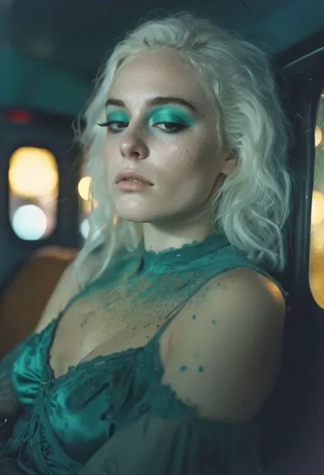 photo of a 25-year-old half-alien and half-human woman with teal-coloured skin and with golden freckles and with alien eyes with (glowing golden iris:1.2) and with white hair as a tired party girl asleep on a night bus with her head leaning against the window after a night of partying in London, highly detailed, award winning photo,(polaroid style:0.6), (cross processing:0.6)