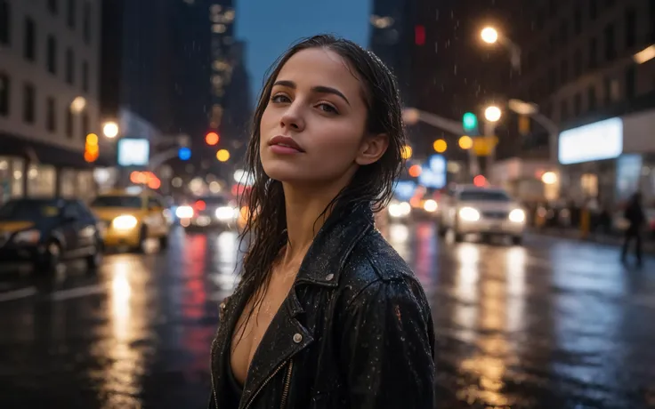 a beautiful american woman is standing in the rain in the streets of new york, dark night, heavy rain, bokeh, highly detailed