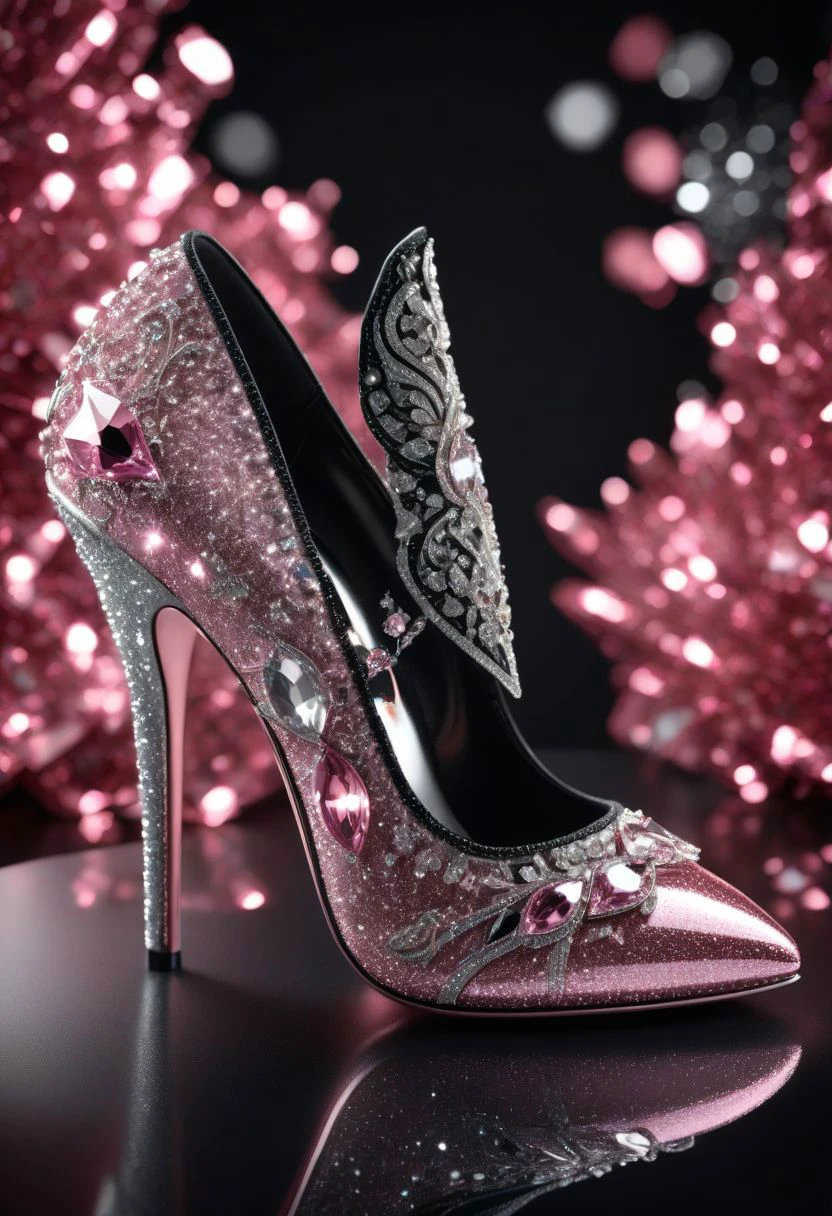 (best quality, 8K, high resolution, masterpiece), ultra detailed, (3D CGI), a beautiful women's heeled shoe, trendy and fashionable, adorned with glitter and diamonds, stylized pink, silver and black, on a black background, advertising campaign, winning photo,