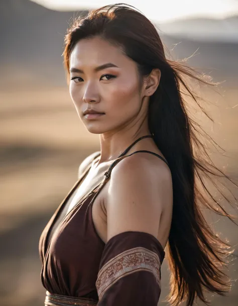 raw upper body photo of a beautiful young mongolian woman, skin moles, detailed skin, sexy attire, cinematic shot, outdoors, summer, haze lighting, autofocus