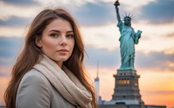 a beautiful american woman is standing near the statue of liberty in new york, bokeh, highly detailed
