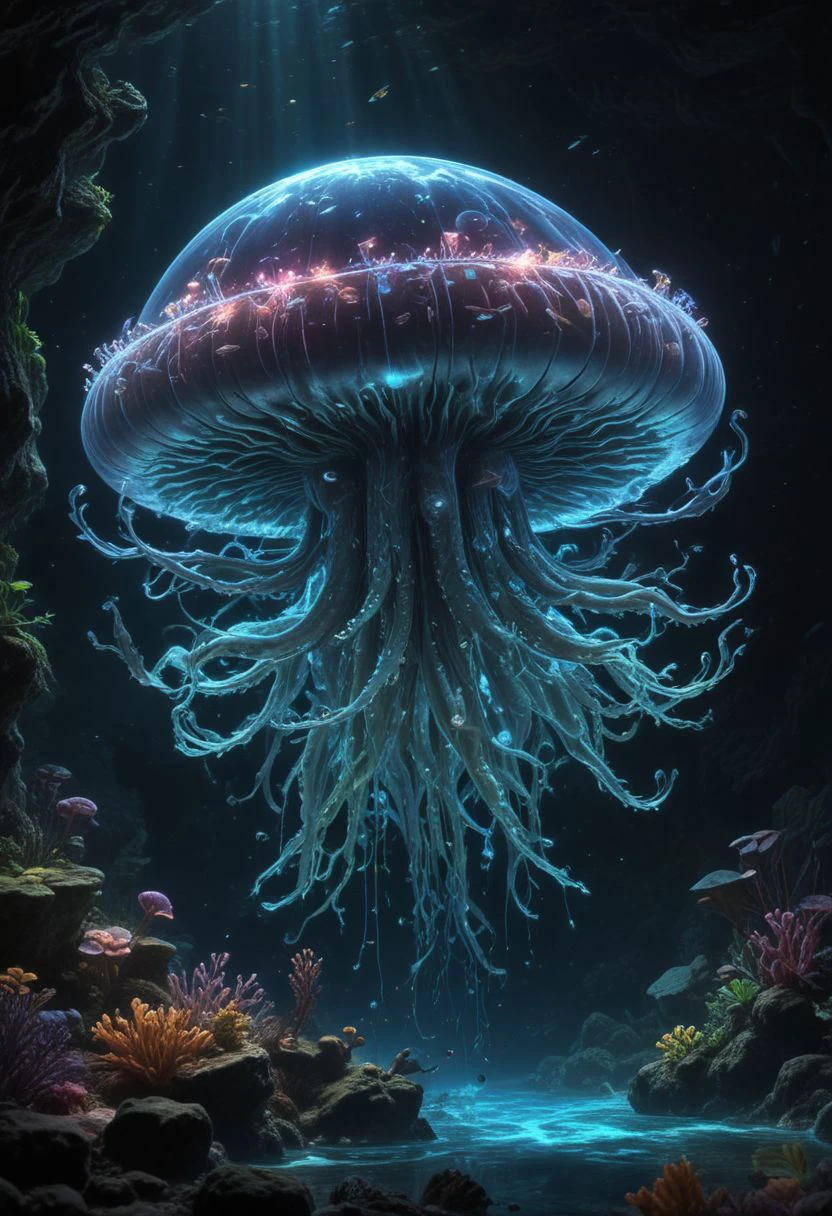piercing light, (aesthetics:1.1), (low colors:1.2), BREAK,
<lora:-_SDXL_-_holo_effect_V1.0:1>, Futuristic epic scene,super beautiful and realistic picture (((landscape))) ((underwater world)) in (hdr), 8K quality, many living organisms, fish, corals, octopuses, jellyfish, crustaceans, etc. 1 research submarine, wreckage of a sunken ship,Hi-tech and futuristic holographic scanning, bioluminescence, optical fiber, masterpieces, octane rendering, unreal engine,
, intricate details, UHDR, 32