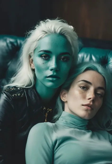 candid snapshot of a 25-year-old half-alien and half-human woman with (teal-coloured skin and with golden freckles:1.2) and with white hair wearing rockstar style clothes laying regally in a Chesterfield style black leather sofa, highly detailed, award winning photo,(polaroid style:0.6), (cross processing:0.6)