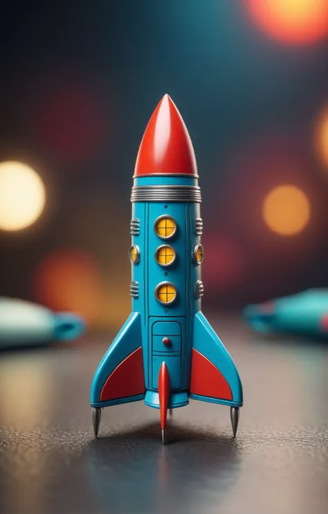 fashion photoshoot, a photo of a 1950s retro-futuristic tiny toy rocket, intricate detail, vibrant atmosphere, sharp focus, 4k, 8k, high quality