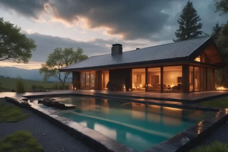 Unparalleled masterpiece, (photorealistic:1.4), best quality, beautiful lighting, (hot spring), (extremely detailed 8k wallpaper), full shot landscape photo of the most beautiful artwork in the world, cloudy sky background lush landscape house and trees illustration concept art