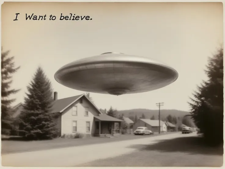 realistic flying saucer sighting, old photo, 1940s, film grain, bad quality, poor photo quality, village, polaroid, vintage, monochrome, (handwritten text on photo: "I WANT TO BELIEVE":1.4)