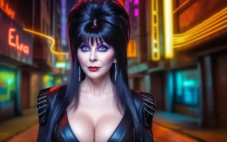 realistic photo: futuristic busty techno crop top, intricate top details, sexy (elvira:1.5), (cyberpunk:1.3), futuristic, cyberpunk town, dark alley, videogames, night, front view, HDR, 4k, 8k, masterpiece, (blurred background:1.2), (retro:1.2), cleavage