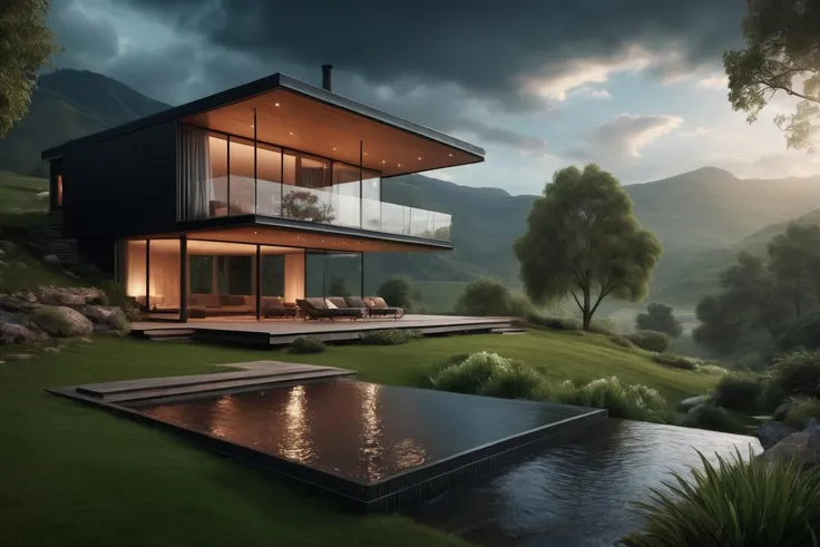 Unparalleled masterpiece, (photorealistic:1.4), best quality, beautiful lighting, (hot spring), (extremely detailed 8k wallpaper), full shot landscape photo of the most beautiful artwork in the world, cloudy sky background lush landscape house and trees illustration concept art