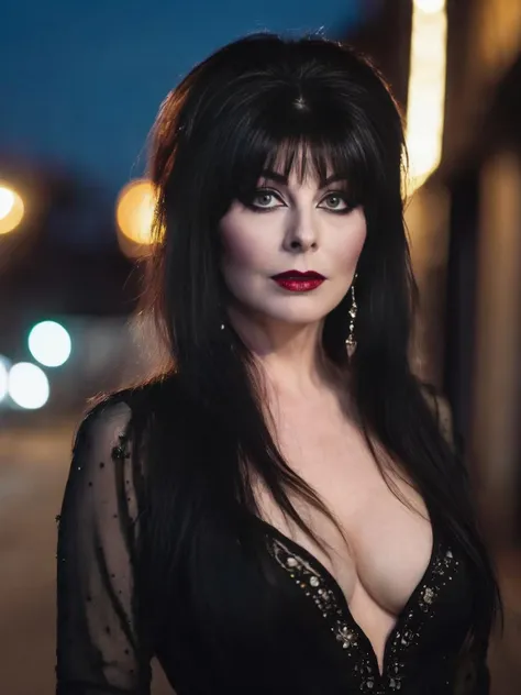 a fashion photo of a (beautiful elvira:1.2), (seductive gaze:1.2), standing on an abandoned street corner at night, wearing a black dress, telephoto photography, upper body close up, intricate detail, intricate skin, subtle freckles, intricate hair, bokeh, (atmosphere:1.2), (haze:1.3), soft ambient lighting