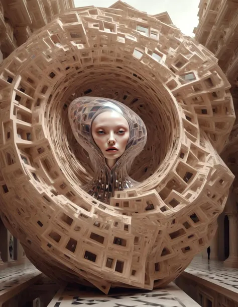 alien portrait Floating geometric shapes, warped dimensions, mind-bending illusions, haute couture defying laws of physics, Vogue of Escherian Dreams, an ever-shifting, gravity-defying environment filled with impossible architectural marvels.,detailed, ,