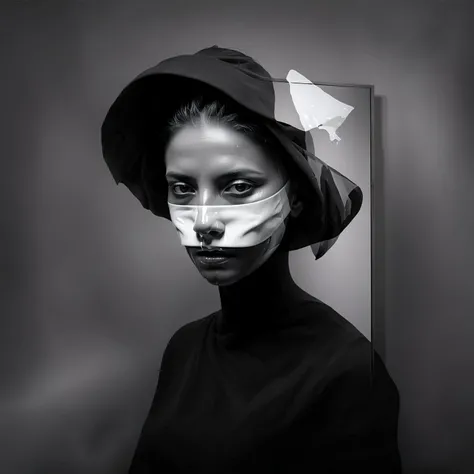 The Masks We Wear, Portrait (she:1.25) with masks that reflect their innermost fears and desires, transforming as their emotions shift. People with mirrors for faces, reflecting the emotions of those around them, creating a surreal, emotional mirroring effect. Masks melting into the skin, blurring the boundary between the persona and the true self.,in (jorg karg:1.2) style,,