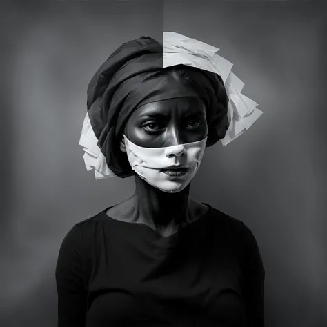 The Masks We Wear, Portrait (she:1.25) with masks that reflect their innermost fears and desires, transforming as their emotions shift. People with mirrors for faces, reflecting the emotions of those around them, creating a surreal, emotional mirroring effect. Masks melting into the skin, blurring the boundary between the persona and the true self.,in (jorg karg:1.2) style,,