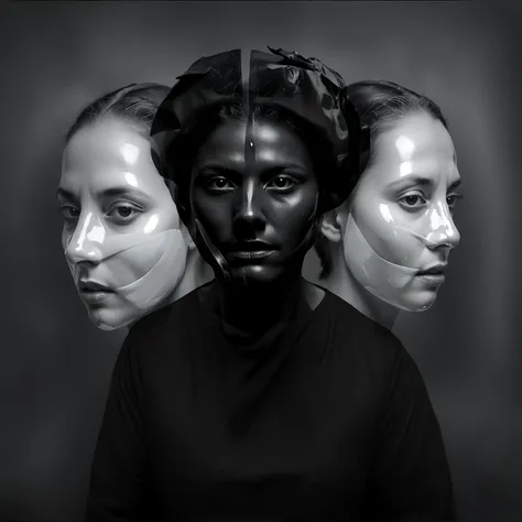 The Masks We Wear, Portrait (she:1.25) with masks that reflect their innermost fears and desires, transforming as their emotions shift. People with mirrors for faces, reflecting the emotions of those around them, creating a surreal, emotional mirroring effect. Masks melting into the skin, blurring the boundary between the persona and the true self.,in (jorg karg:1.2) style,,