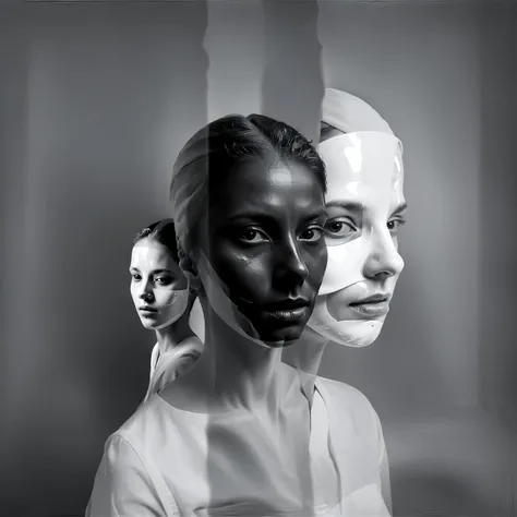 The Masks We Wear, Portrait (she:1.25) with masks that reflect their innermost fears and desires, transforming as their emotions shift. People with mirrors for faces, reflecting the emotions of those around them, creating a surreal, emotional mirroring effect. Masks melting into the skin, blurring the boundary between the persona and the true self.,in (jorg karg:1.2) style,,