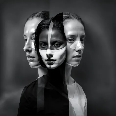 The Masks We Wear, Portrait (she:1.25) with masks that reflect their innermost fears and desires, transforming as their emotions shift. People with mirrors for faces, reflecting the emotions of those around them, creating a surreal, emotional mirroring effect. Masks melting into the skin, blurring the boundary between the persona and the true self.,in (jorg karg:1.2) style,,