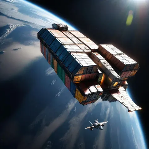 (long hauler freight spaceship carrying cargo containers in space in orbit around a single big planet spaceship), (truck bigrig), (4k, 8k, cinematic, spotlight lighting, extreme detail, ultra quality, HD, high definition, HDR, high dynamic range, octane render, Masterpiece, best quality, colorful, 8k wallpaper, Volumetric Lighting, best shadows, crisp clear ultra definition, hyper realistic realism)