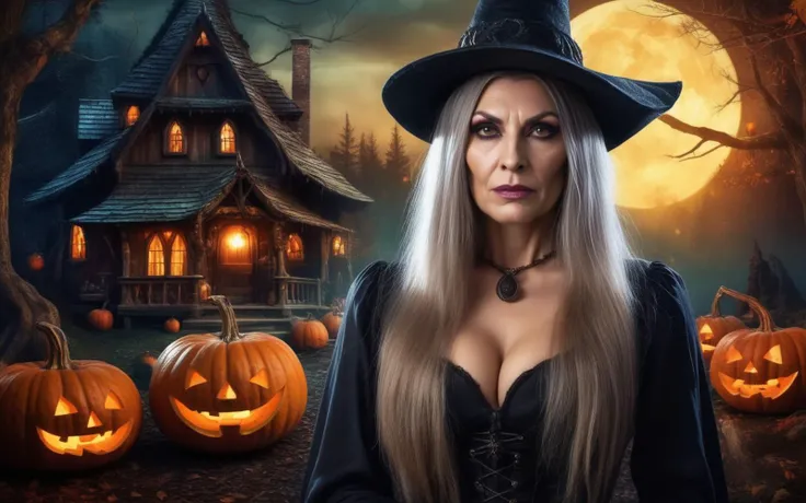a portrait photo of an old ugly witch, in the background is a witch's house in a very dark forest, HDR, intricate details, detailed witch, pumpkins, dark night