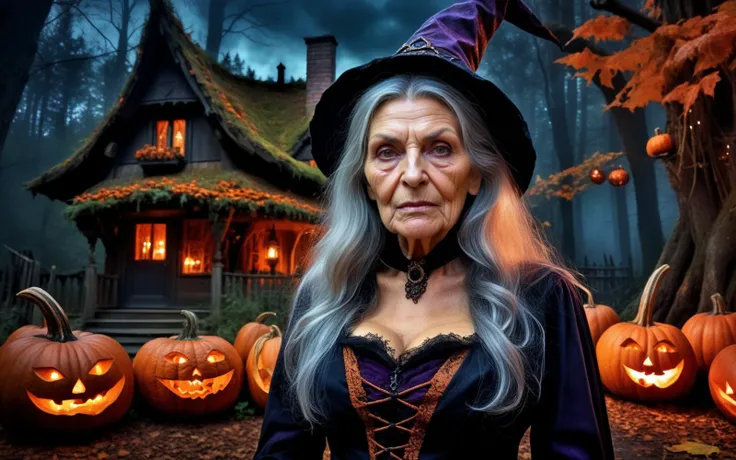 a portrait photo of an old ugly witch, in the background is a witch's house in a very dark forest, HDR, intricate details, detailed witch, pumpkins, dark night