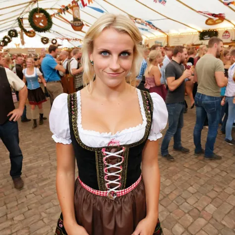 Hyperrealistic photoshot: (ByronyXL is standing at munic oktoberfest, wearing a dirndl, 38 years old, blonde hair, average figure, (small breasts)),