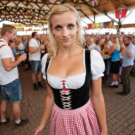 Hyperrealistic photoshot: (ByronyXL is standing at munic oktoberfest, wearing a dirndl, 38 years old, blonde hair, average figure, (small breasts)),