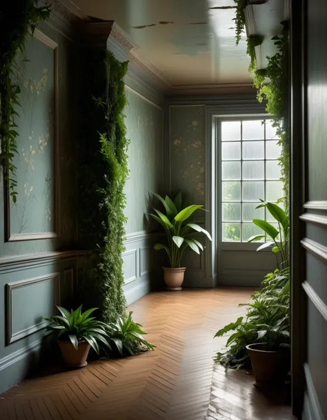 liminal space inside a quiet empty hallways, rainy, natural light filtering in, overgrown plants,peeling wallpaper, at twilight,
Masterpiece,best quality,hi res,8k,hi res,8k,award winning,(sharp focus, intricate, highly detailed),