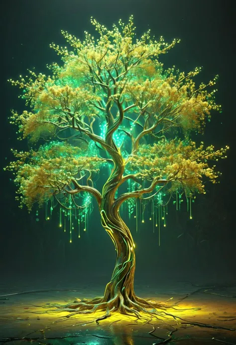 a bioluminescent neon golden tree with subtle secondary green tones, ultra detailed, realistic, vivid colors, volumetric lighting,