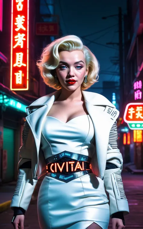 a raw portrait photo of Marilyn Monroe, futuristic long dress with (text: "i ⤠civitai":1.4), text on dress, cyberspace jacket, (cyberpunk:1.3) town, backyard, alley, front view, detailed face, dramatic pose, white dress, extreme dark night, neon signs, china, chinatown, (night:1.5), futuristic scene, cyberpunk scene cyberpunk universe, HDR, intricate details, detailed face, detailed eyes, (text: "i ⤠civitai":1.4)