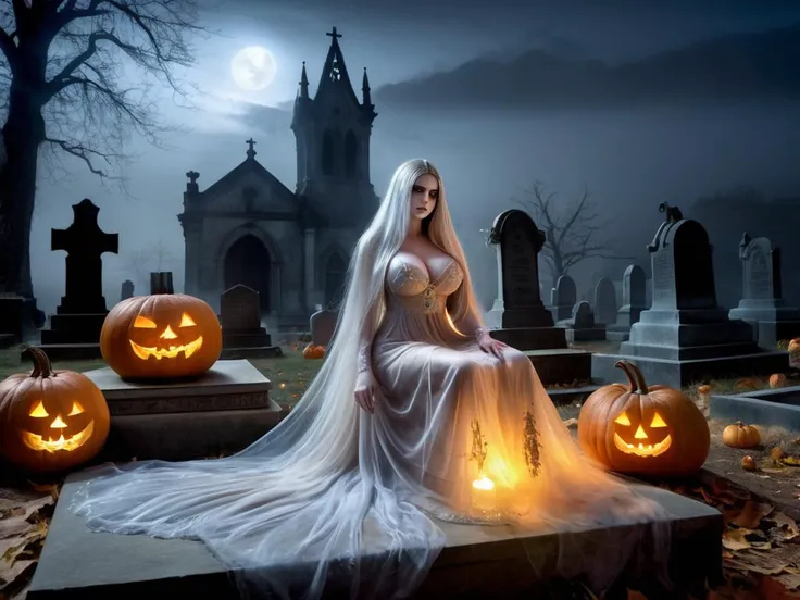 (night:1.4), ((illuminated:1.1) (busty:1.2) (translucent:1.2) ghost:1.2), long transparent hair, long transparent dress, sitting on a tomb stone on a spooky horror cemetery, helloween, (pumpkins:1.2), graves, tombs, fog, dust, a derelict mansion in the background on a (hill:1.2), intricate details, HDR, raytracing, masterpiece