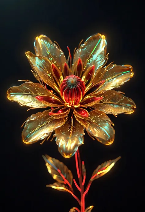 a bioluminescent neon golden flower with subtle secondary red tones, ultra detailed, realistic, vivid colors, volumetric lighting,