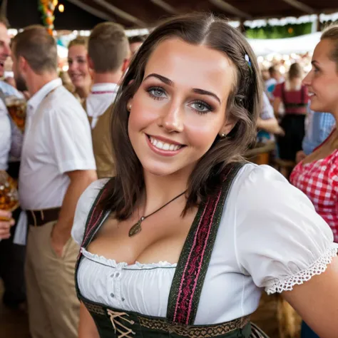 Hyperrealistic Photoshot of a attractive young woman at munic oktoberfest. dark hair. Wearing Dirndl. Smiling. natural saggy breasts.