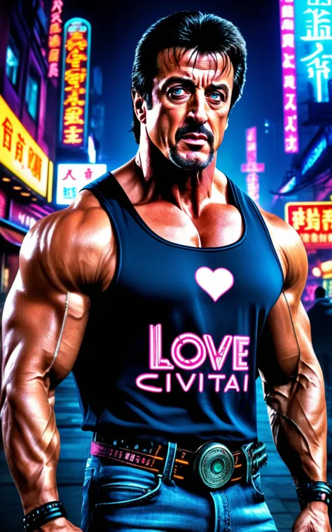 a raw photo of Sylvester Stallone, futuristic muscle shirt with (text: "love civitai":1.4), text on shirt, (cyberpunk:1.3) town,front view, detailed face, dramatic pose, extreme dark night, neon signs, china, chinatown, (night:1.5), futuristic scene, cyberpunk scene cyberpunk universe, HDR, intricate details, detailed face, detailed eyes, (text: "love civitai":1.4)