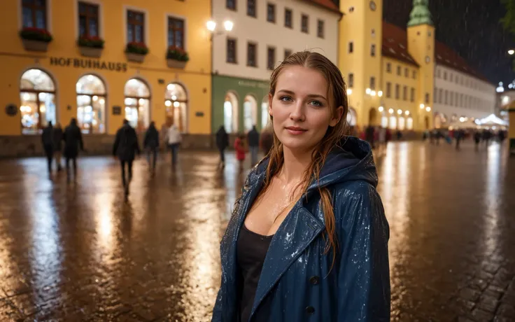 a beautiful german woman is standing in the rain near the hofbräuhaus in munich, dark night, heavy rain, bokeh, highly detailed
