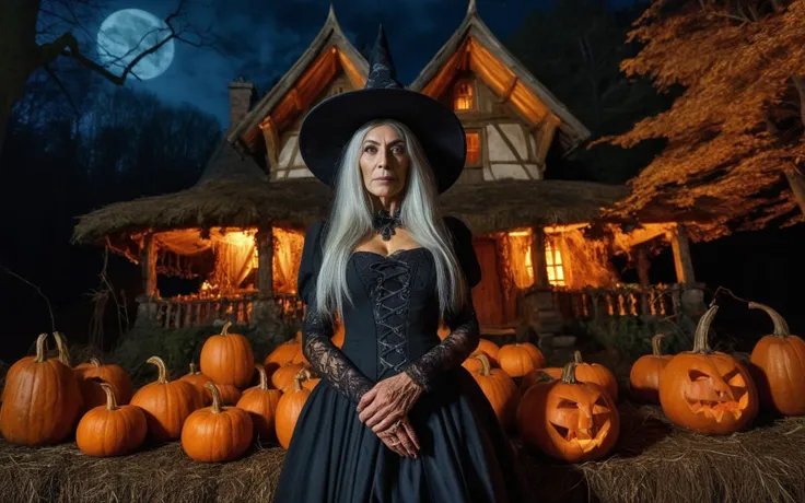 a portrait photo of an old ugly witch, in the background is a witch's house in a very dark forest, HDR, intricate details, detailed witch, pumpkins, dark night
