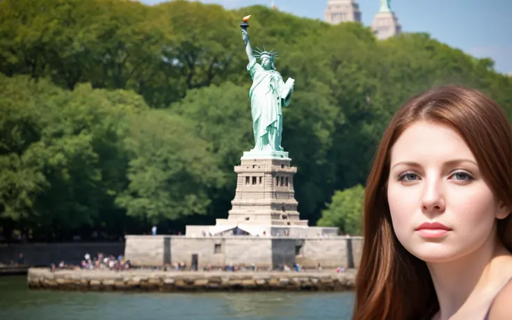 a beautiful american woman is standing near the statue of liberty in new york, bokeh, highly detailed