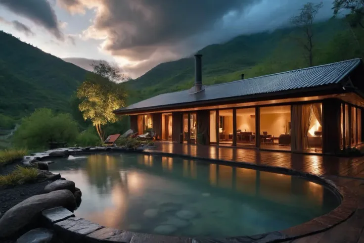 Unparalleled masterpiece, (photorealistic:1.4), best quality, beautiful lighting, (hot spring), (extremely detailed 8k wallpaper), full shot landscape photo of the most beautiful artwork in the world, cloudy sky background lush landscape house and trees illustration concept art