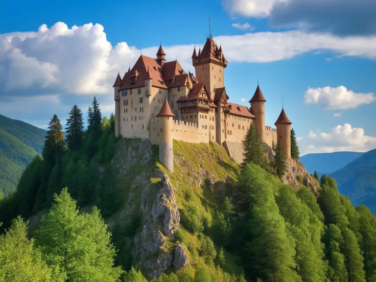a RAW photo of a medieval castle on a mountain, forest, intricate details, HDR, masterpiece, digital photo, realism, extreme realistic