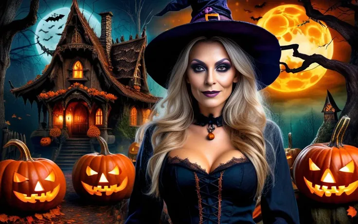 a portrait photo of an old ugly witch, in the background is a witch's house in a very dark forest, HDR, intricate details, detailed witch, pumpkins, dark night, (text on photo:"Happy Halloween":1.6)