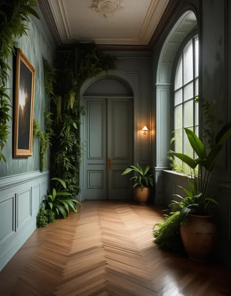 liminal space inside a quiet empty hallways, rainy, natural light filtering in, overgrown plants,peeling wallpaper, at twilight,
Masterpiece,best quality,hi res,8k,hi res,8k,award winning,(sharp focus, intricate, highly detailed),