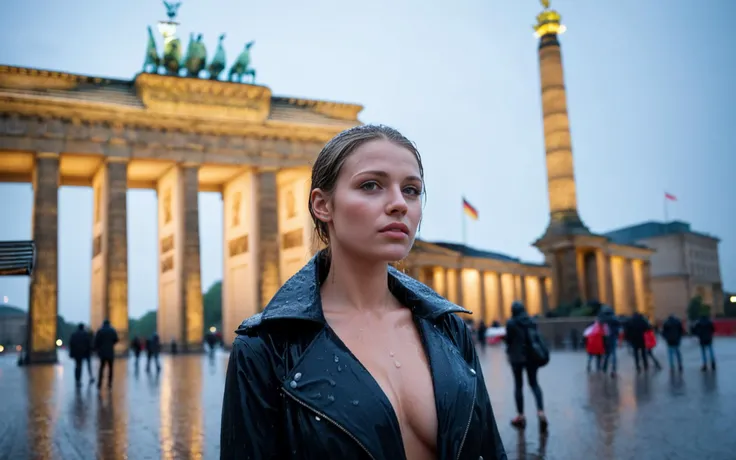 a beautiful german woman is standing in the rain near the brandenburg gate in berlin, dark night, heavy rain, bokeh, highly detailed