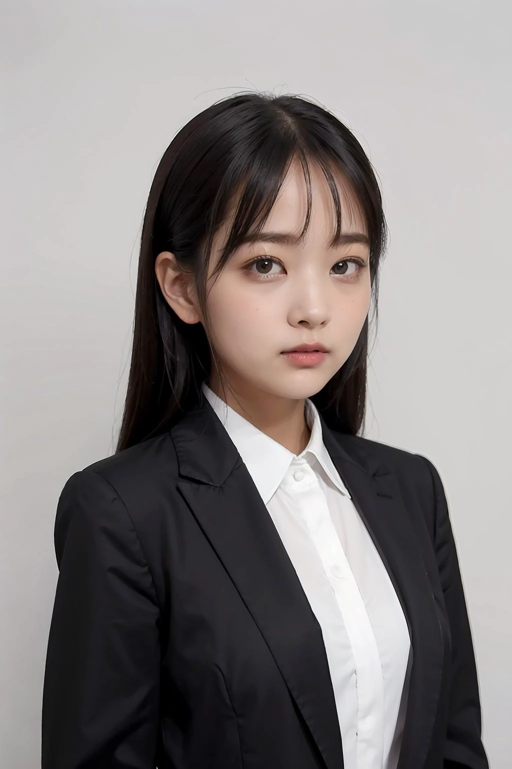 1girl, black random formal attire, white background, <lora:MikakoAbeJAV-02:1>