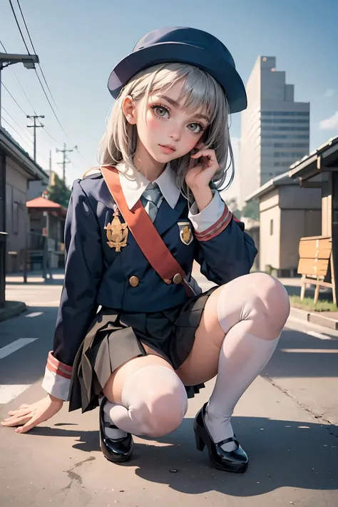 (masterpiece:1.2, best quality), 1girl, young , slim, white military outfit, white pleated skirt, skirtlift, upskirt, (no panties), military hat, space cadet, smile, blush, sitting by backboard in classroom, futuristic, anime minimalist, watercolor