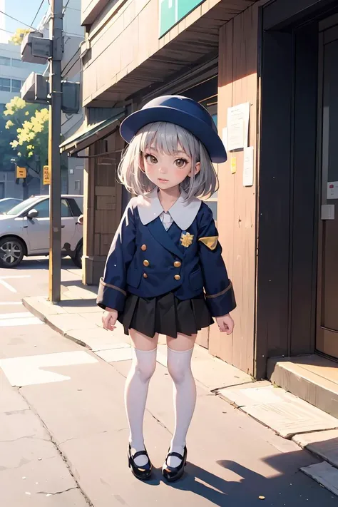 (masterpiece, best quality), 1girl, <lora:hakase:1> hakase, school hat, kindergarten uniform, jacket, pleated skirt, knee highs, white legwear, mary janes