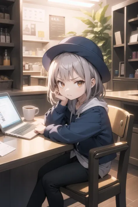 <lora:hakase-000045:1> hakase, casual, hoodie, pants, school hat, female child,
1girl, solo, cafe, laptop, looking at screen, annoyed, livestream