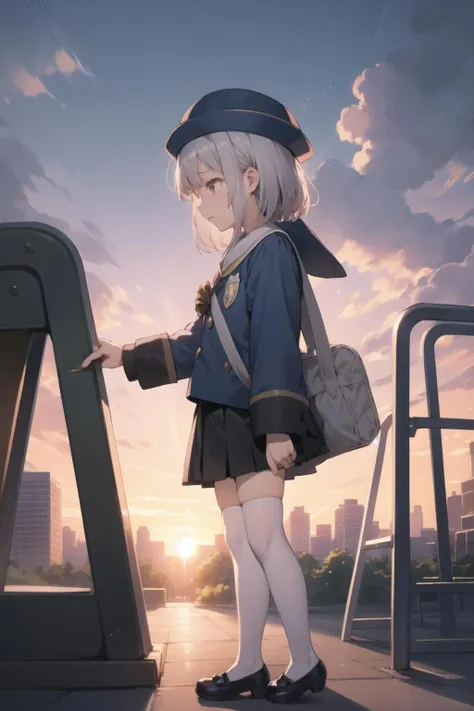 <lora:hakase-000045:1> hakase, school hat, kindergarten uniform, jacket, pleated skirt, knee highs, white legwear, mary janes,
1girl, solo, playground, from side, sunset, cityscape, wiping tears, tearing up