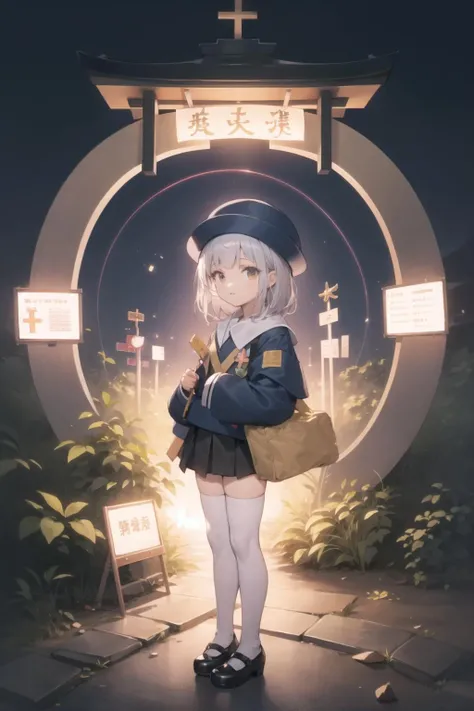 <lora:hakase-000045:1> hakase, school hat, kindergarten uniform, jacket, pleated skirt, knee highs, white legwear, mary janes,
1girl, solo, portal \(object\), time travel, shrine