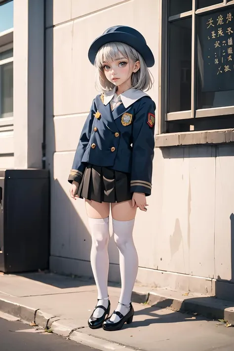 (masterpiece, best quality), 1girl, <lora:hakase:1> hakase, school hat, kindergarten uniform, jacket, pleated skirt, knee highs, white legwear, mary janes