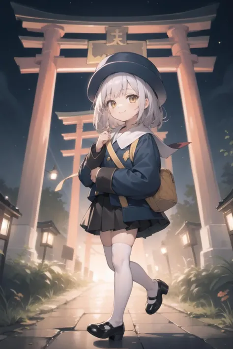 <lora:hakase-000045:1> hakase, school hat, kindergarten uniform, jacket, pleated skirt, knee highs, white legwear, mary janes,
1girl, solo, night, torii, light smile, black cat
