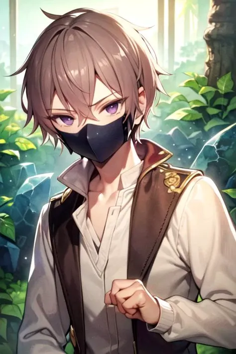 masterpiece, best quality, photorealistic, 1boy, solo, male focus, looking at viewer, upper body, depth of field, (watercolor illustration, soft pastel colors:1.1), realistic, <lora:zakuro_oshigiri:0.68>, zakuro_oshigiri, brown hair, purple eyes, mask, mouth mask, conductor costume, The Crystal Cave: A fantastical place where gemstones and crystals grow in abundance, 12k resolution