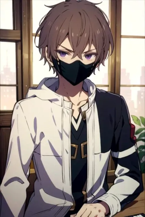 masterpiece, best quality, photorealistic, 1boy, solo, male focus, looking at viewer, , , , , <lora:zakuro_oshigiri:0.74>, zakuro_oshigiri, brown hair, purple eyes, mask, mouth mask, swashbuckler costume, ,