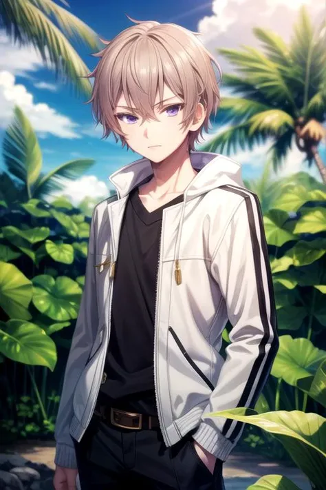 masterpiece, best quality, illustration, 1boy, solo, male focus, looking at viewer, , depth of field, anime coloring, , <lora:zakuro_oshigiri:0.68>, zakuro_oshigiri, brown hair, purple eyes, , , , A tropical paradise where the sun shines brightly every day, 12k resolution